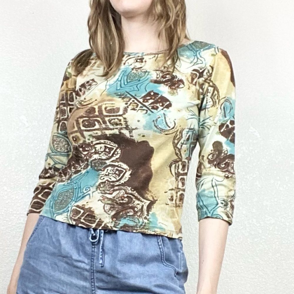 Vintage Brown & Blue Sequin Embellished 3/4 Sleeve Shirt